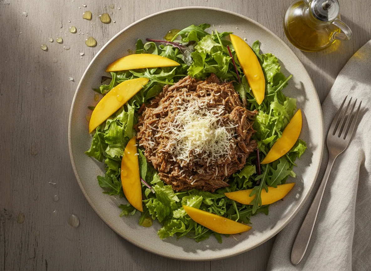 Carne Desfiada com Queijo e Salada Mista photo