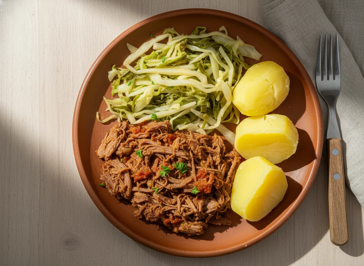 Carne desfiada com repolho e batata photo