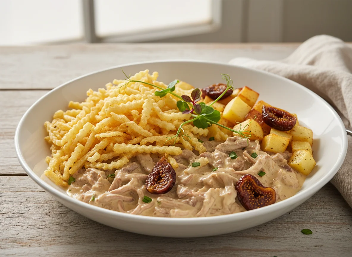 Carne Desfiada Cremosa com Batata Palha e Figo photo