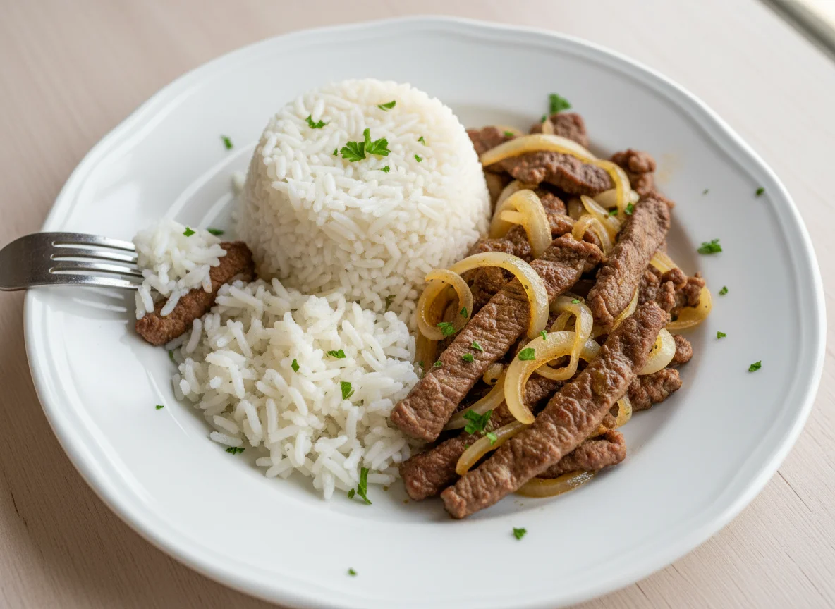 Carne em tiras com cebola e arroz branco photo