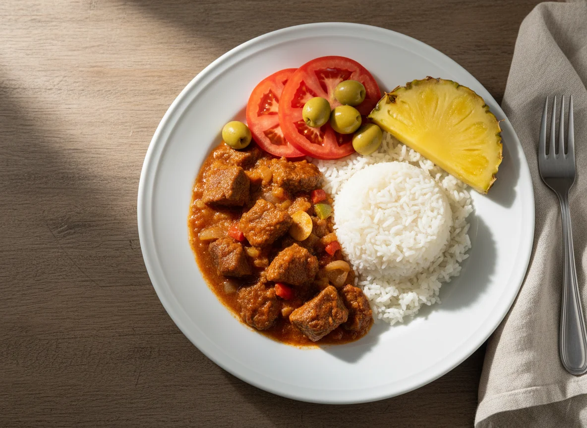 Carne ensopada com arroz, abacaxi e salada photo
