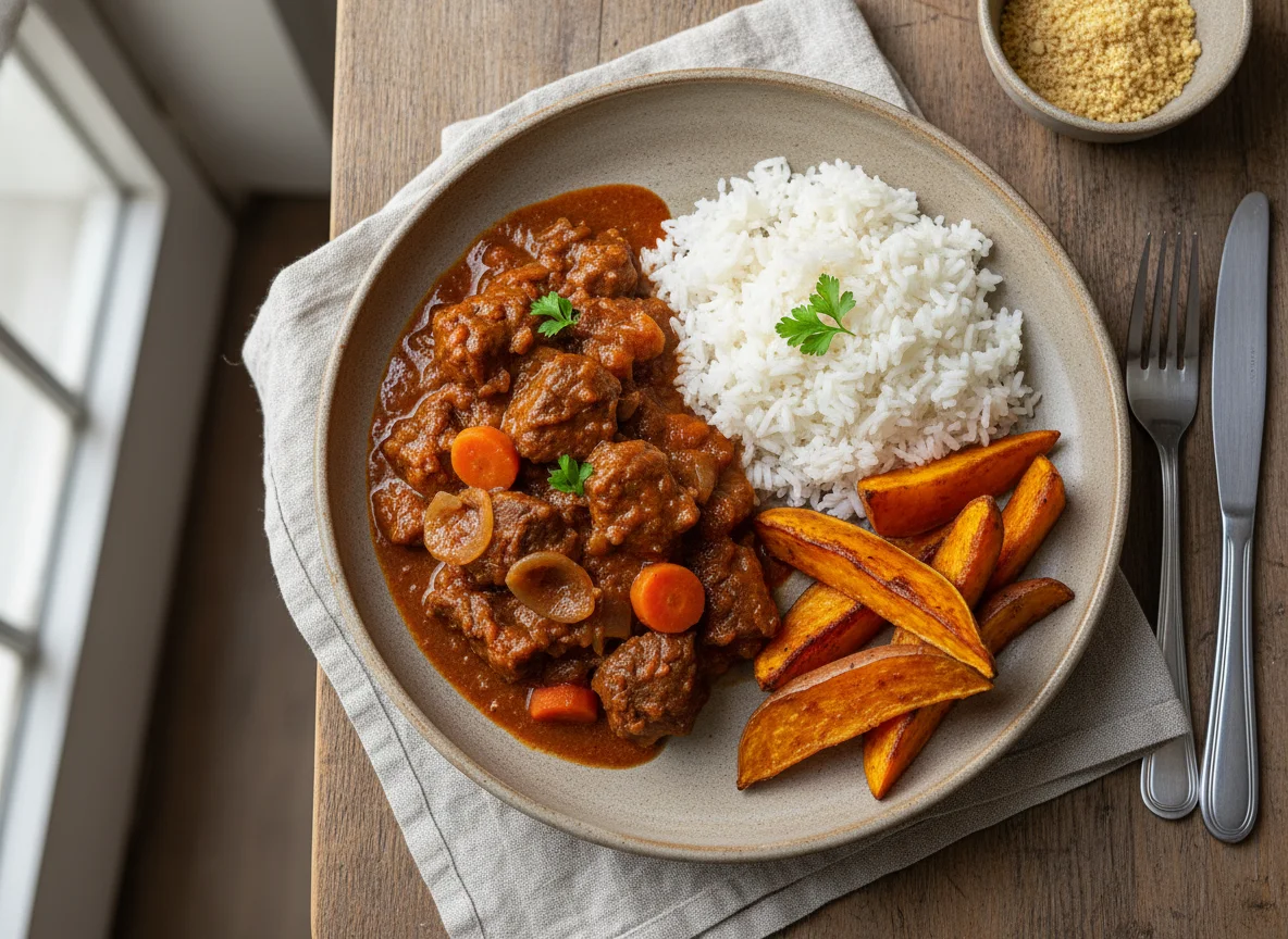 Carne ensopada com arroz e batata doce photo