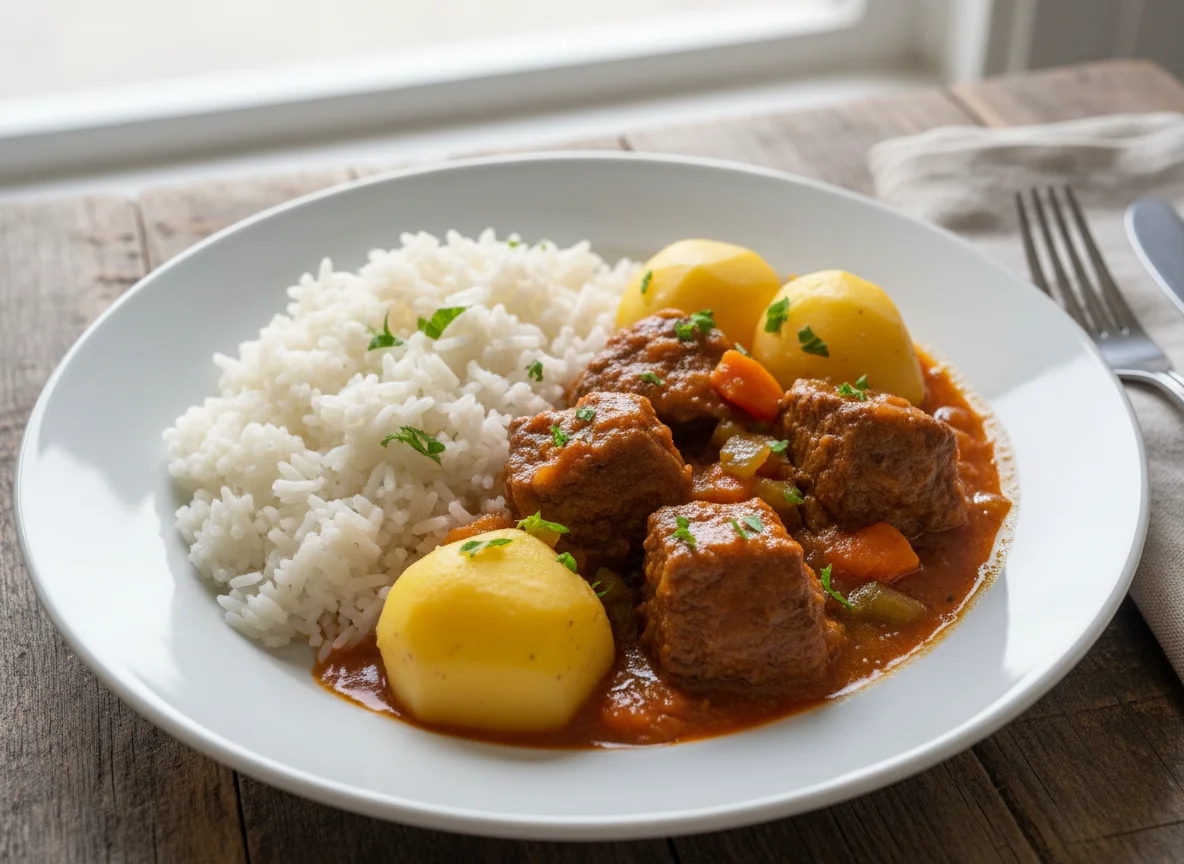 Carne ensopada com arroz e batatas photo