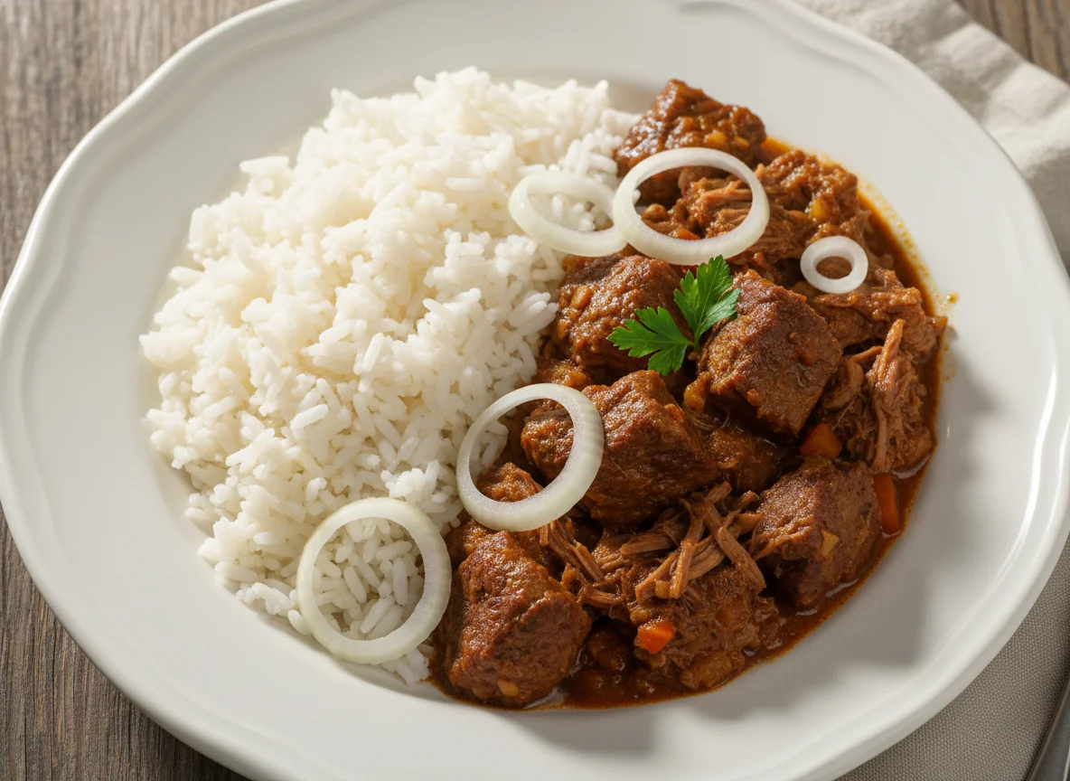 Carne ensopada com arroz e cebola photo