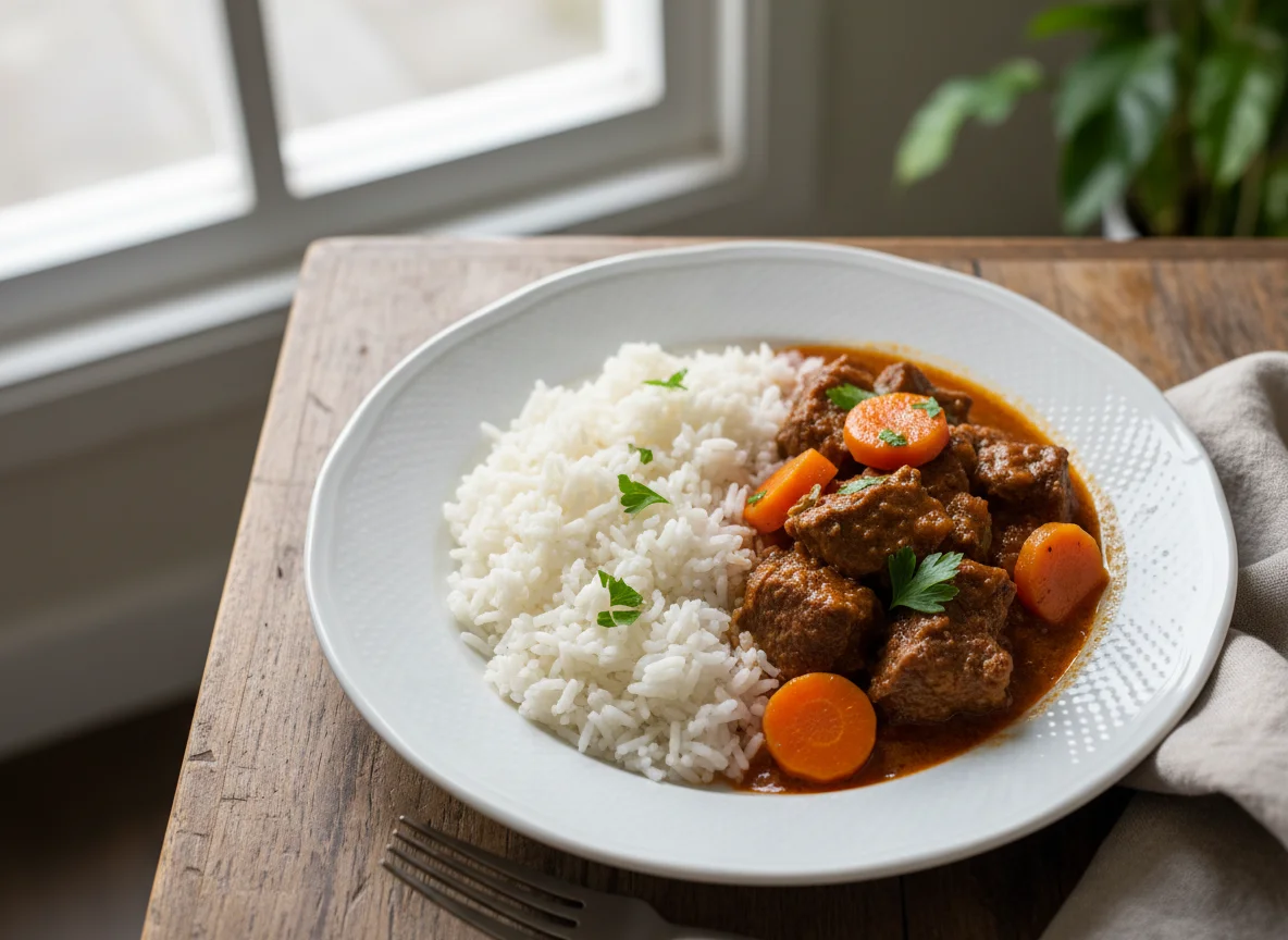 Carne ensopada com arroz e cenoura photo