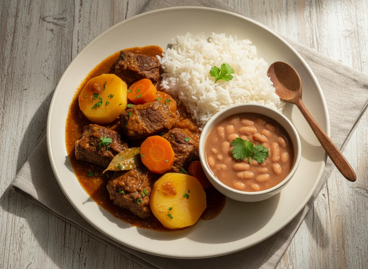 Carne ensopada com arroz e feijão photo