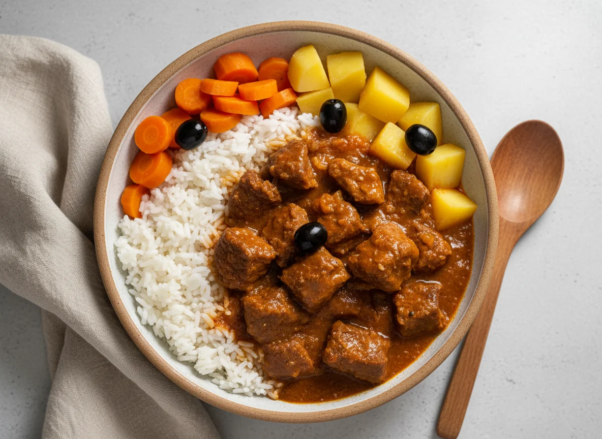 Carne ensopada com arroz e legumes photo