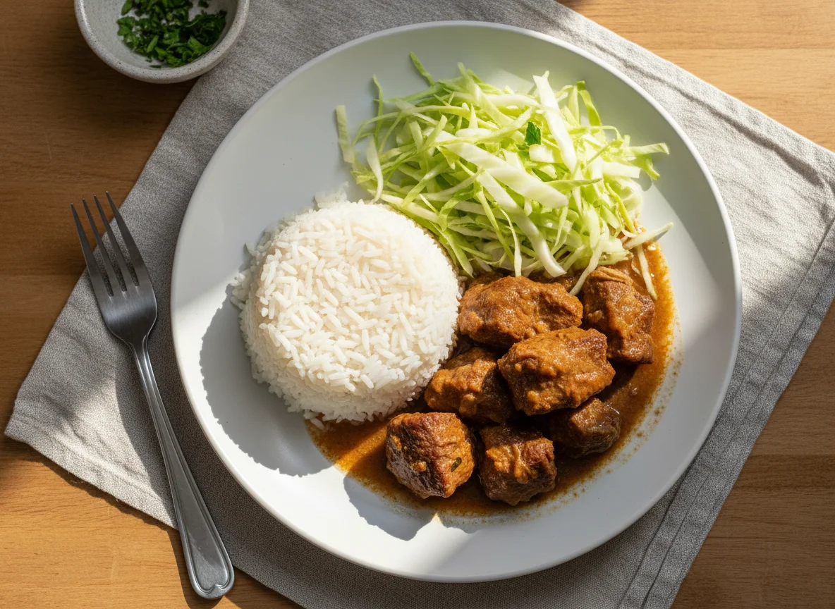 Carne ensopada com arroz e repolho photo