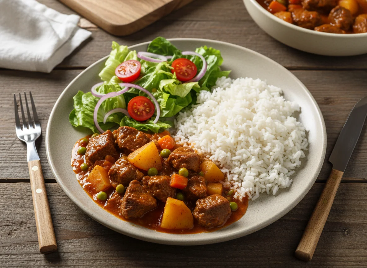 Carne ensopada com arroz e salada photo