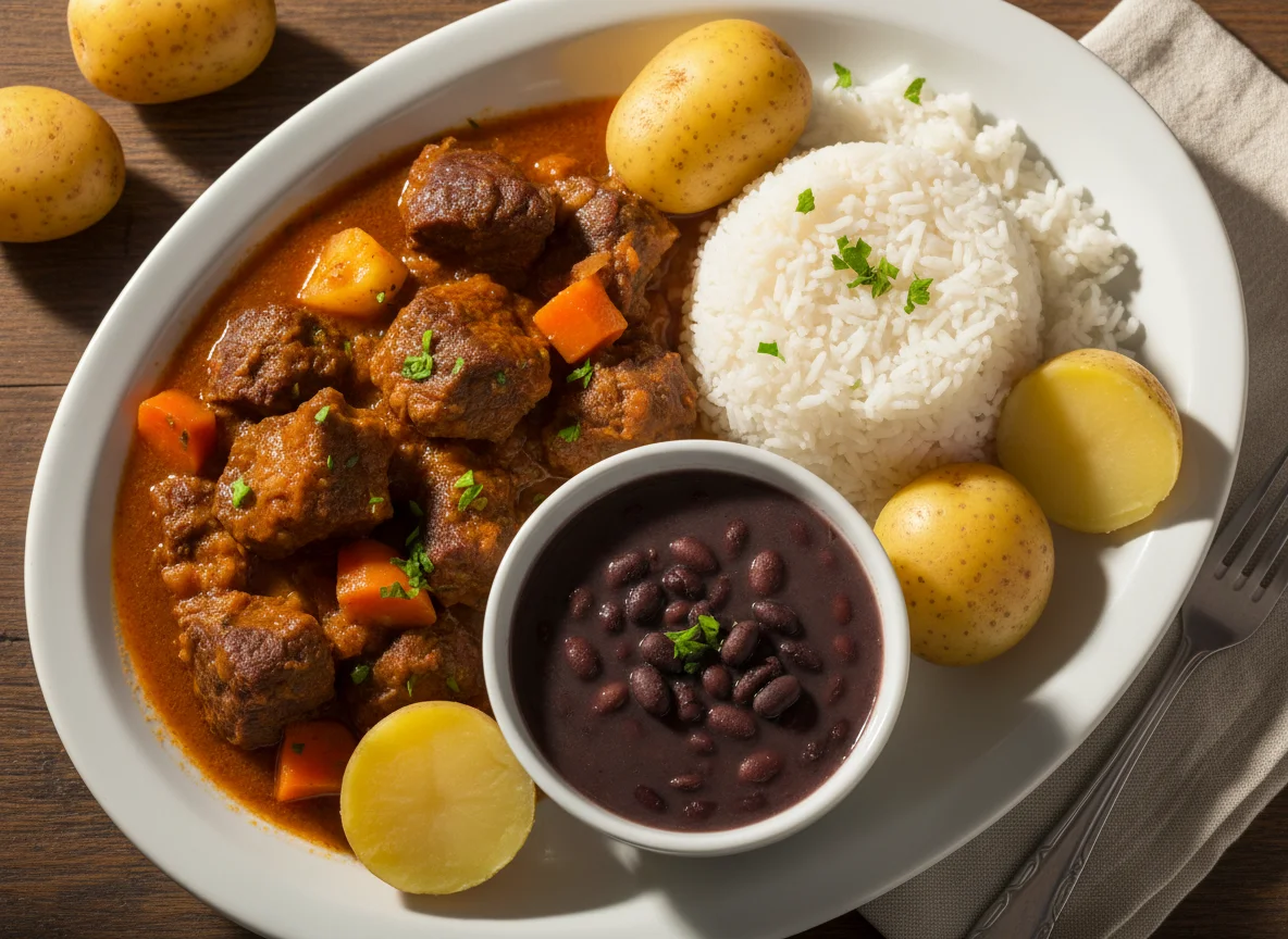 Carne ensopada com arroz, feijão e batatas photo