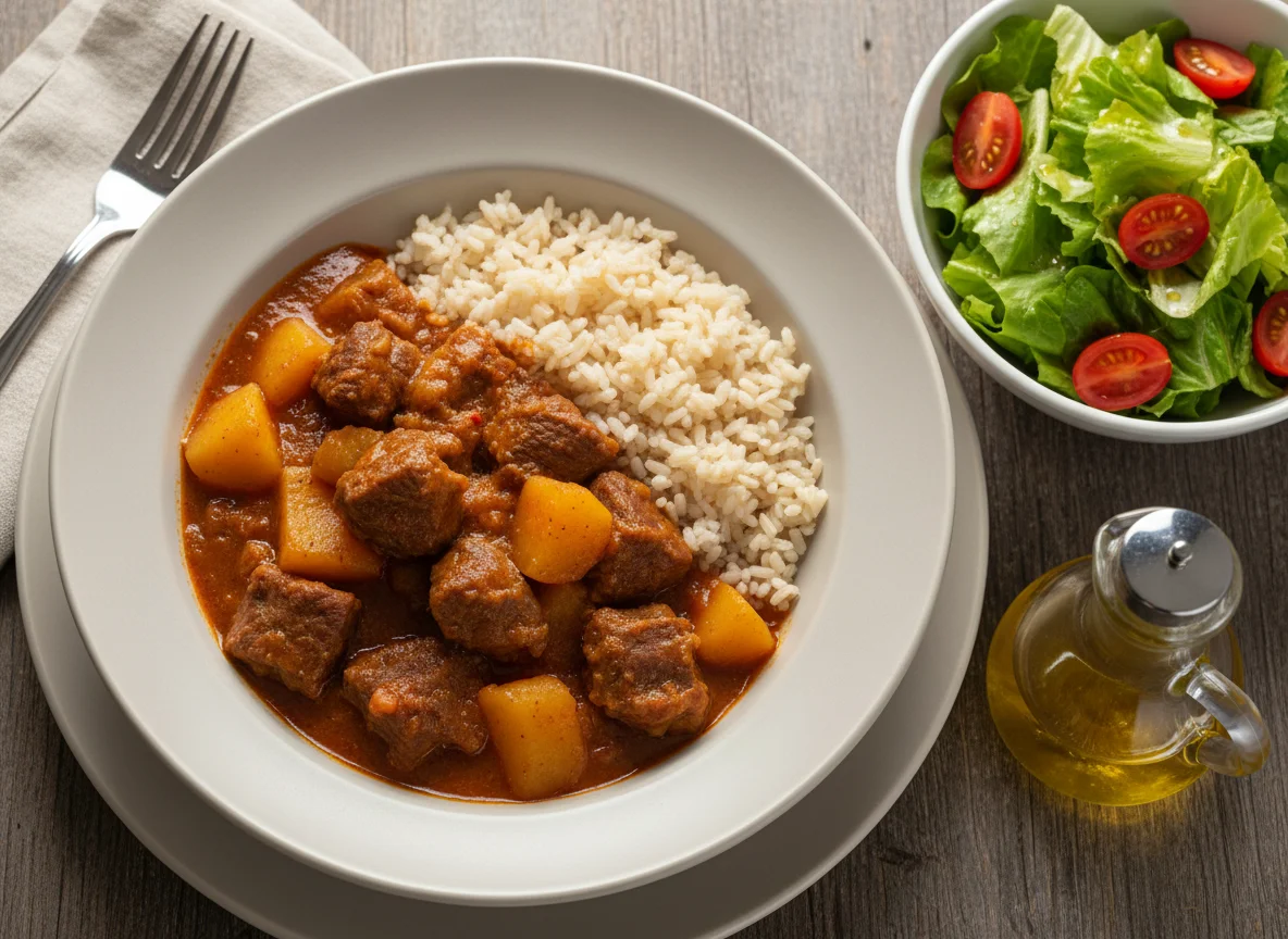 Carne ensopada com arroz integral e salada photo