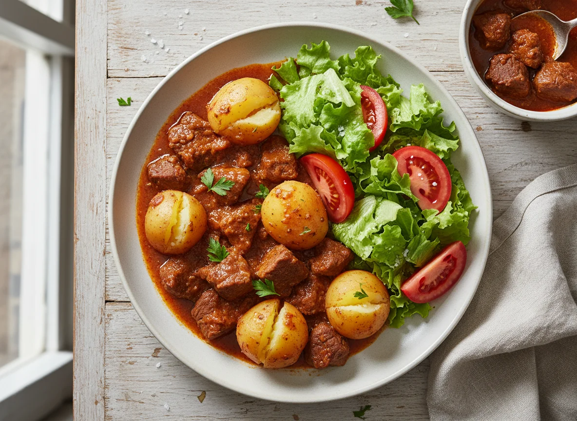 Carne ensopada com batata e salada photo
