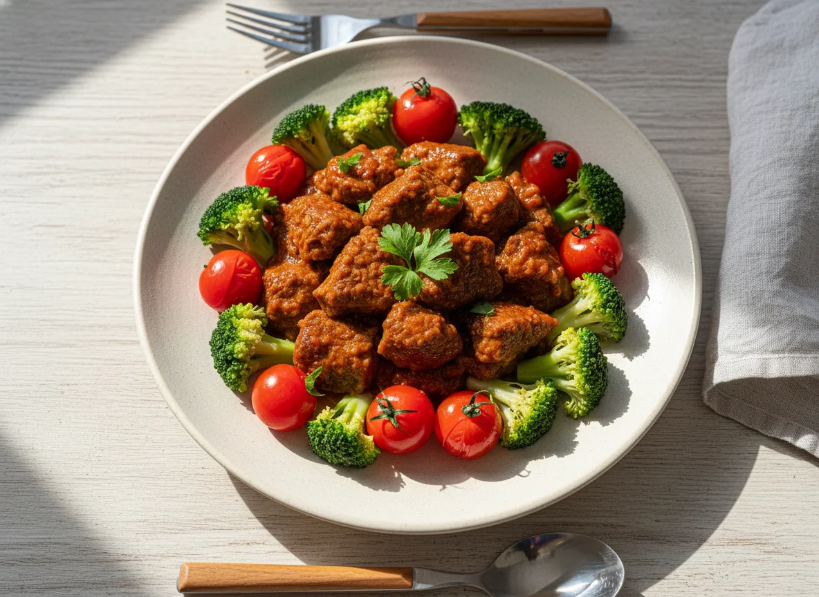 Carne ensopada com brócolis e tomate cereja photo