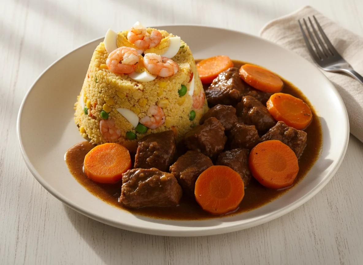 Carne ensopada com cenoura e cuscuz paulista photo