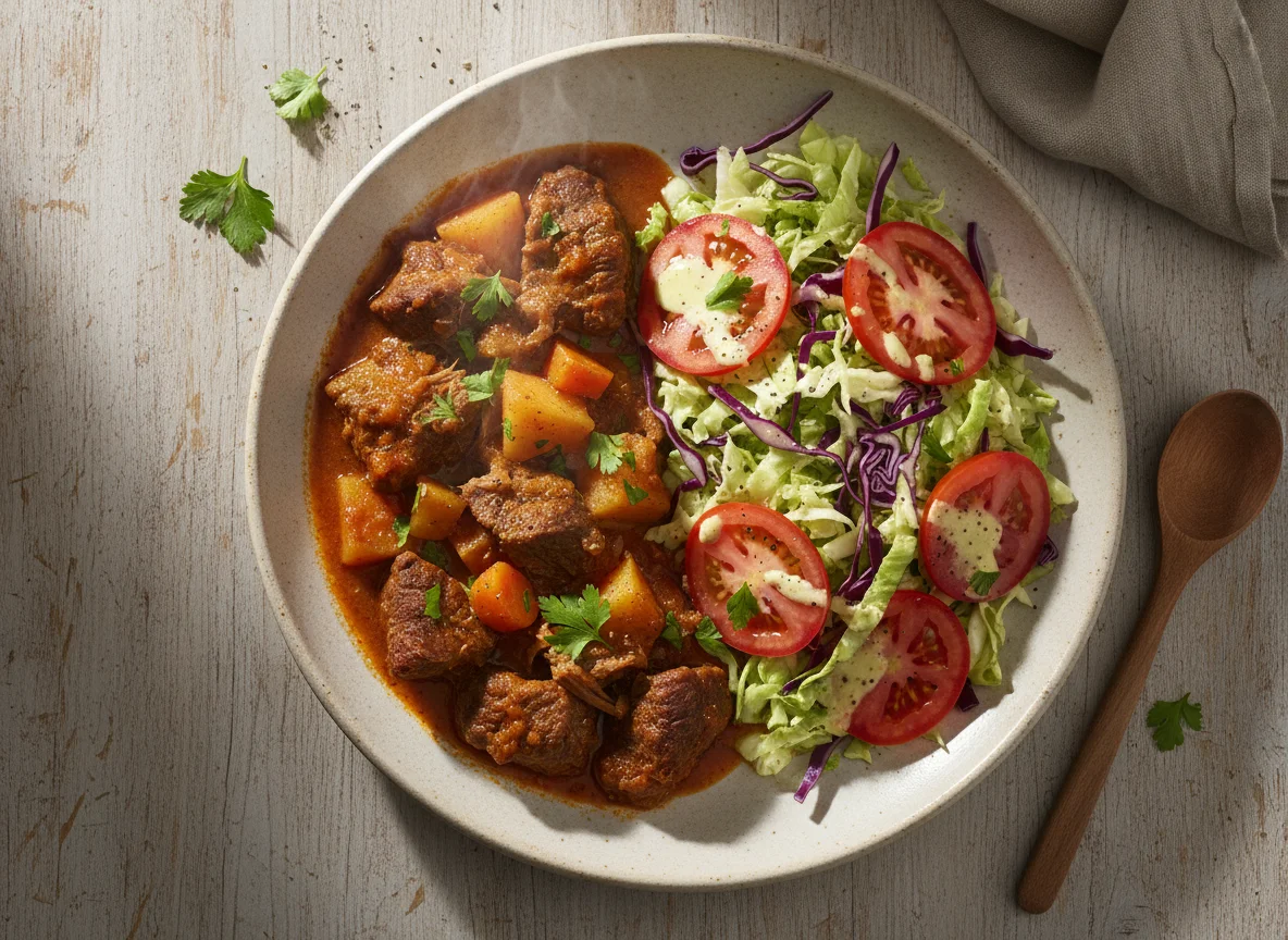 Carne ensopada com salada de repolho e tomate photo