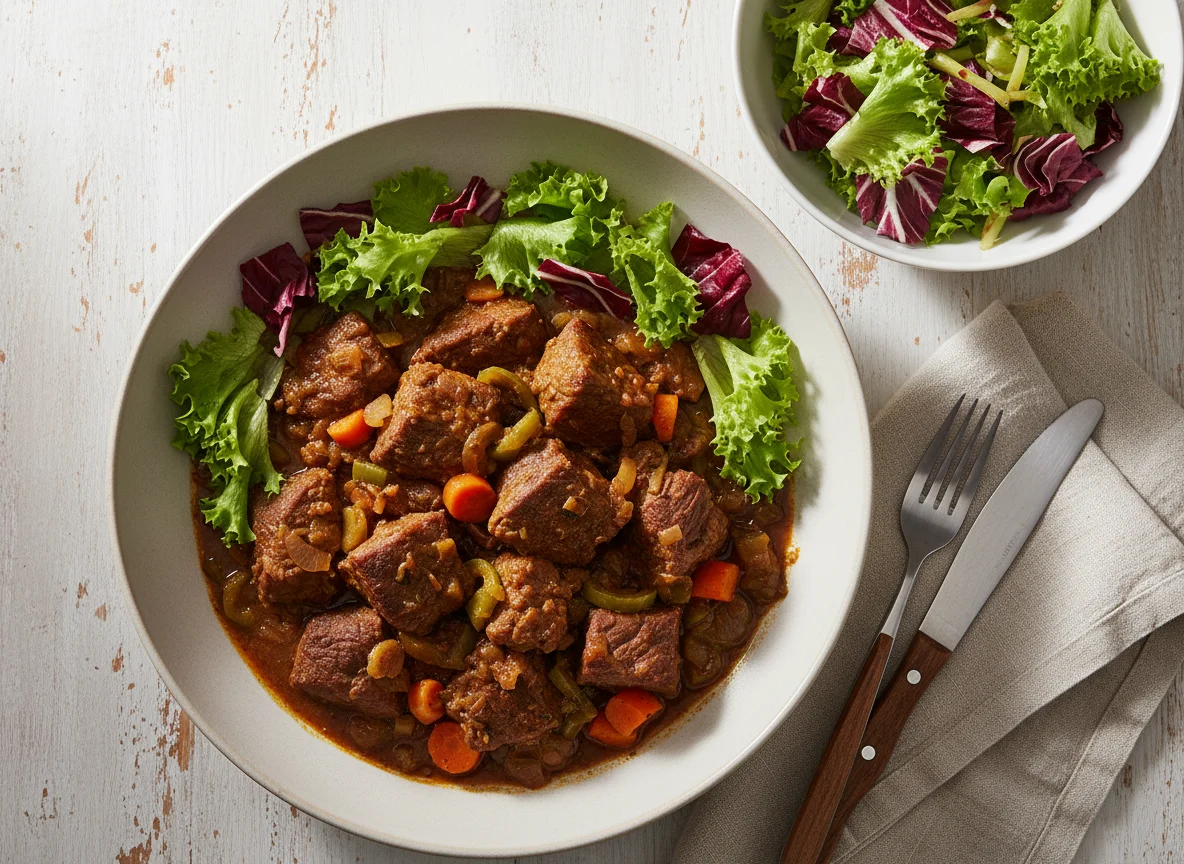 Carne ensopada com salada photo