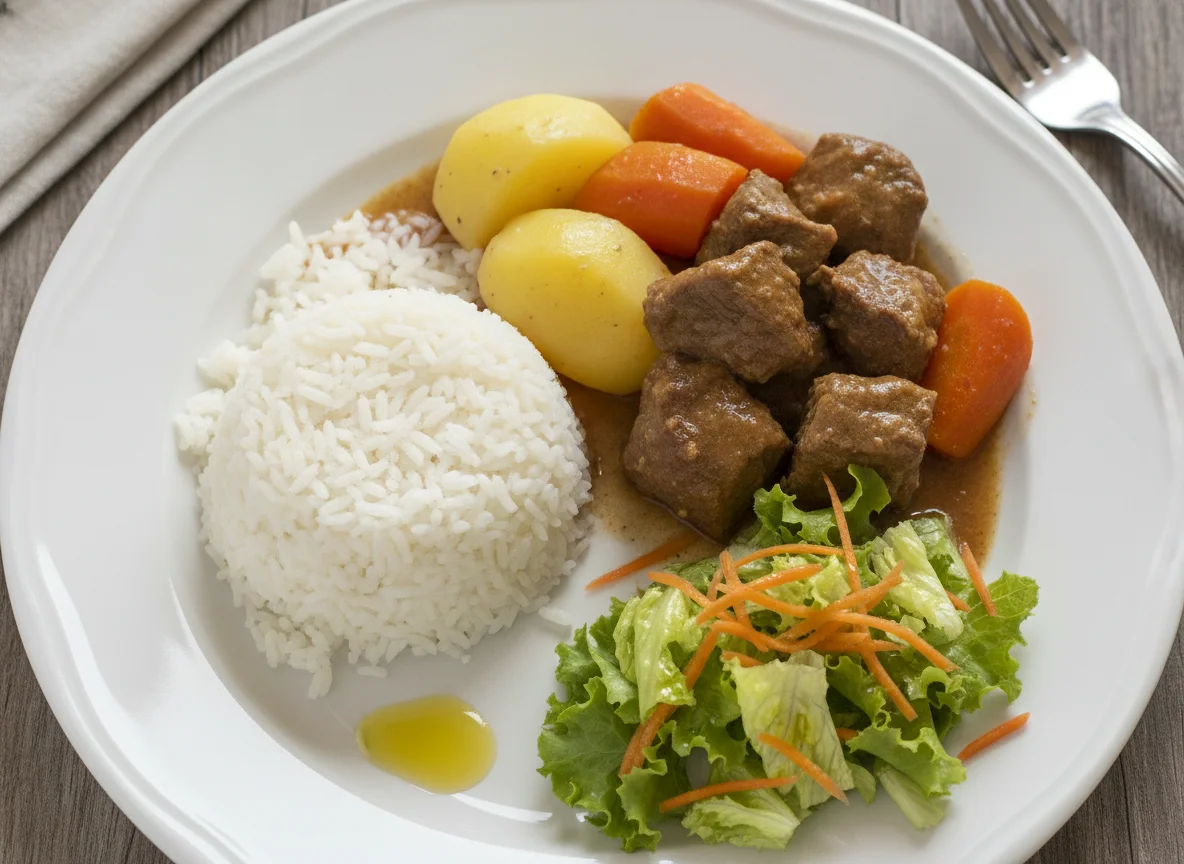 Carne estufada com arroz, batatas e salada photo