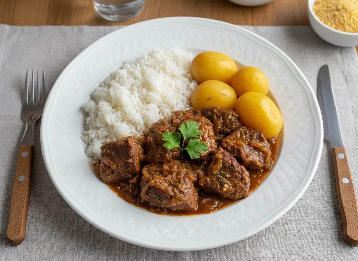 Carne estufada com arroz e batatas photo