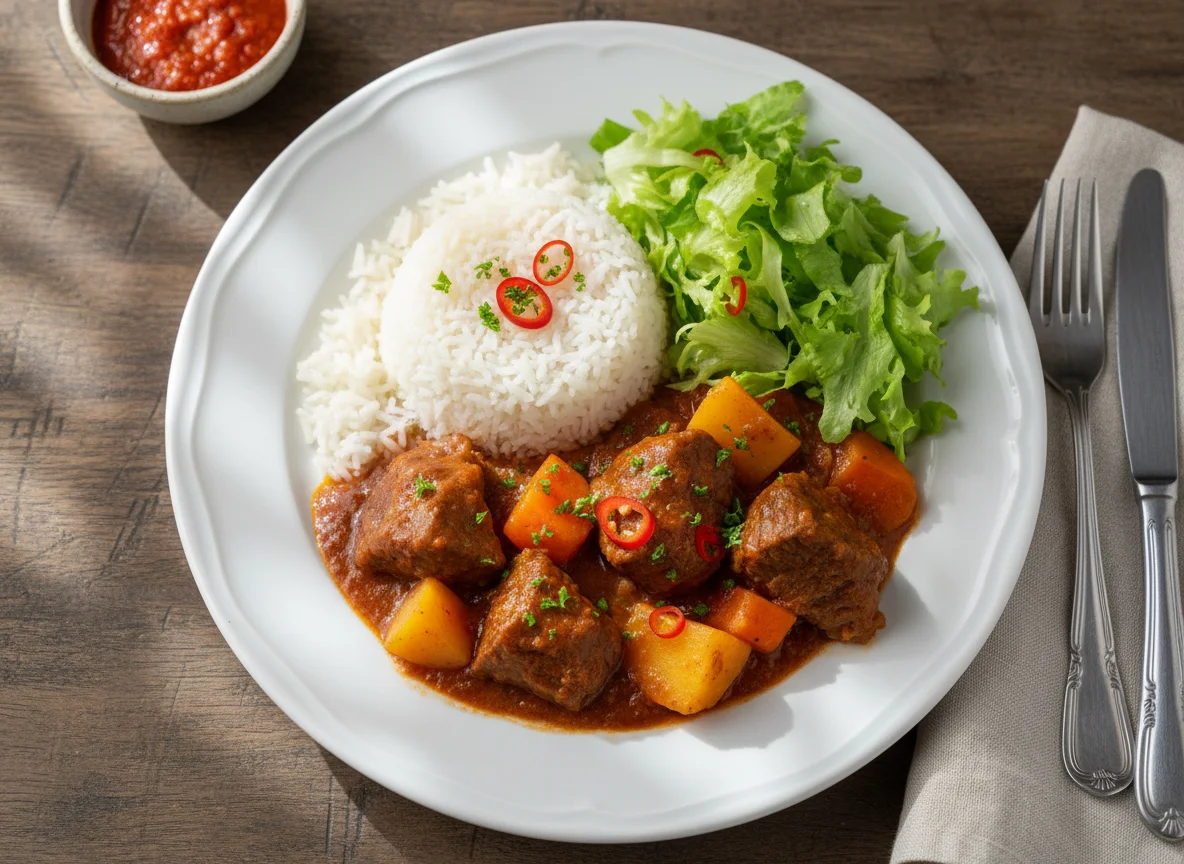 Carne estufada com arroz e salada photo
