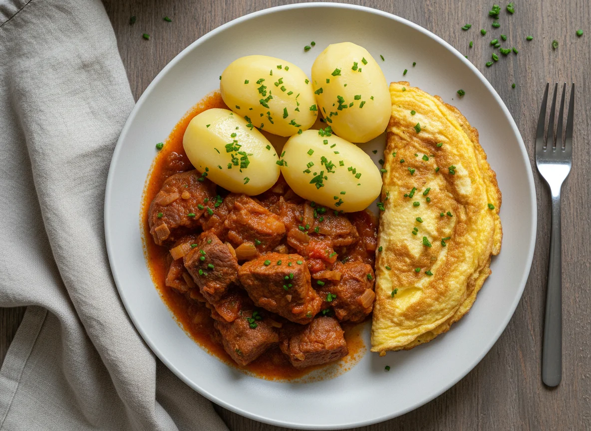 Carne estufada com batatas e omelete photo