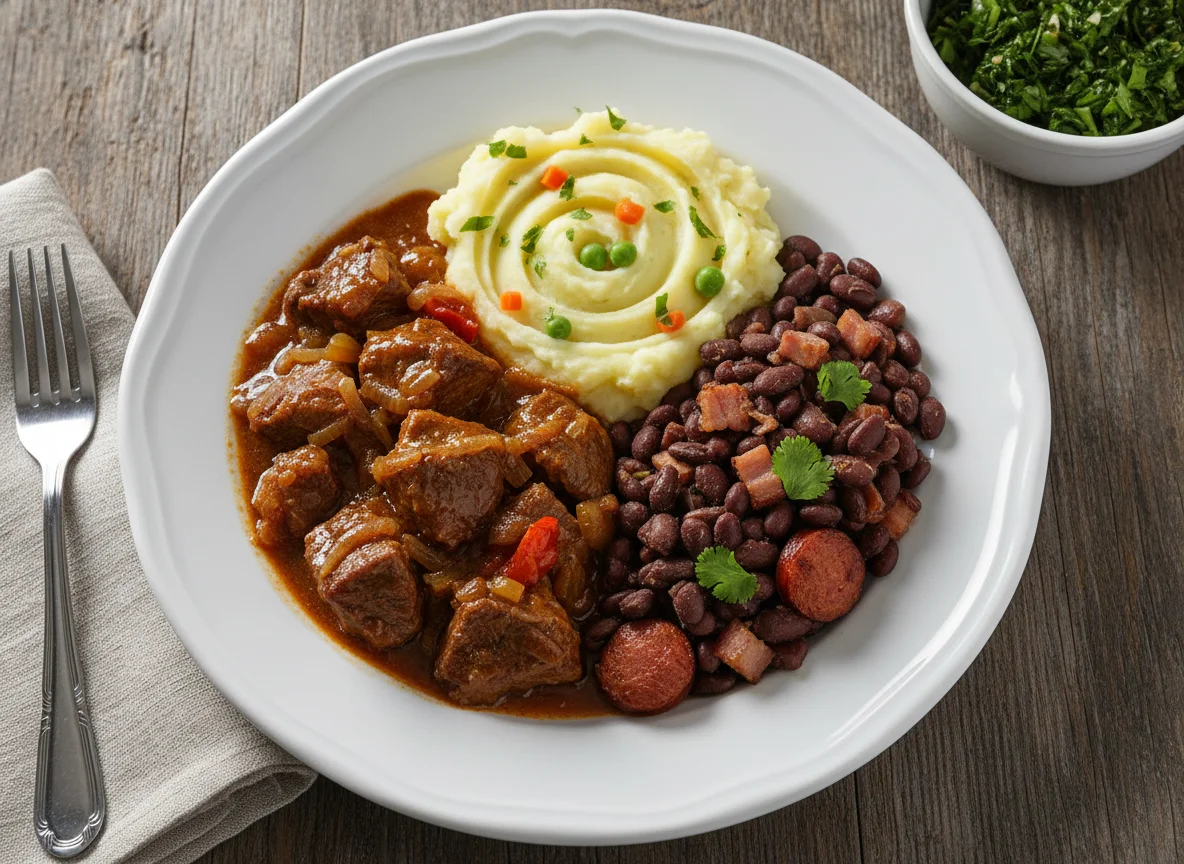Carne estufada com feijão e acompanhamento photo