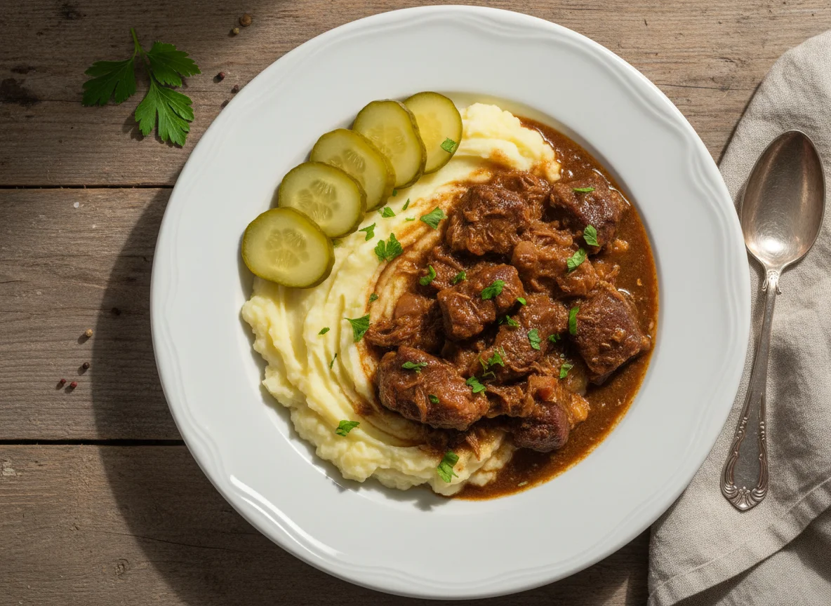 Carne estufada com puré de batata e pepino photo