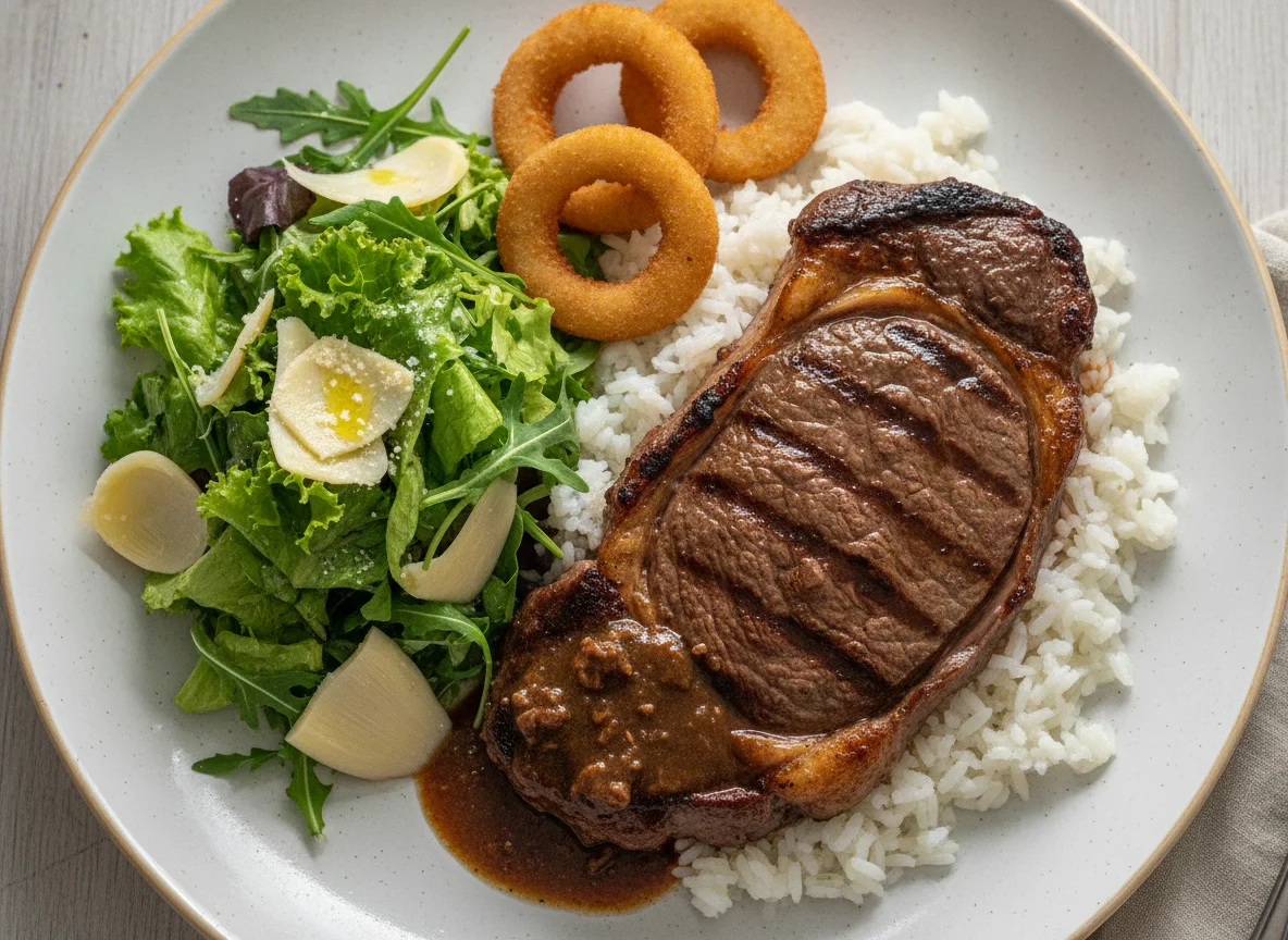 Carne grelhada com arroz, salada e anéis de cebola photo