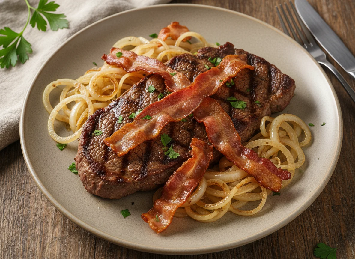 Carne grelhada com cebola e bacon photo