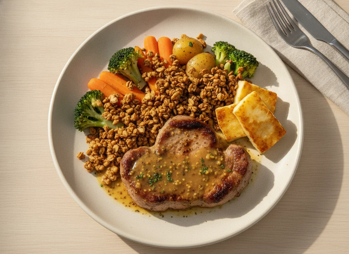 Carne grelhada com legumes e granola salgada photo