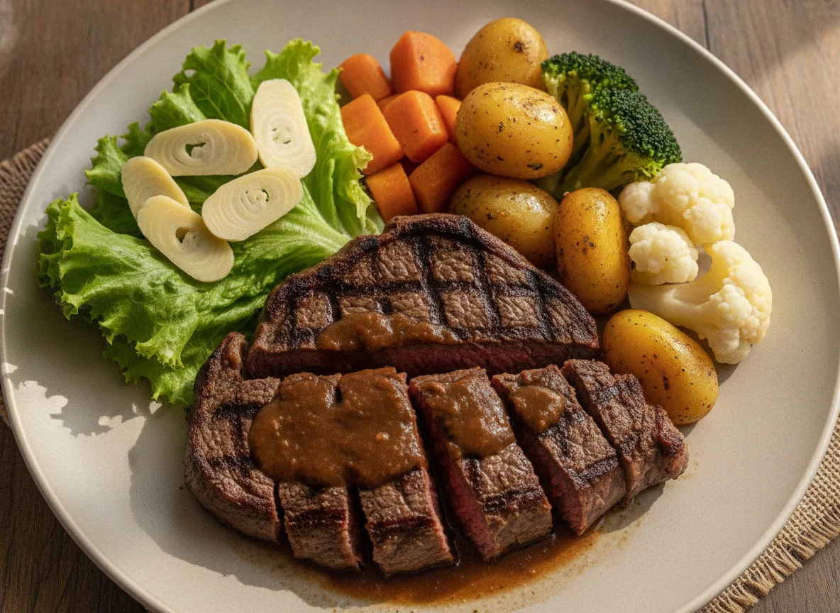 Carne grelhada com legumes e molho madeira photo