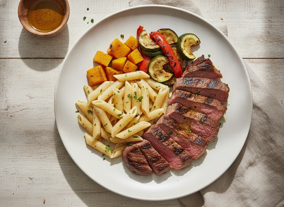 Carne grelhada com macarrão penne e legumes assados photo