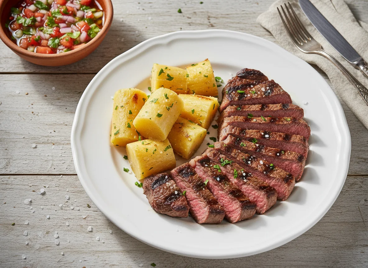 Carne grelhada com mandioca e vinagrete photo