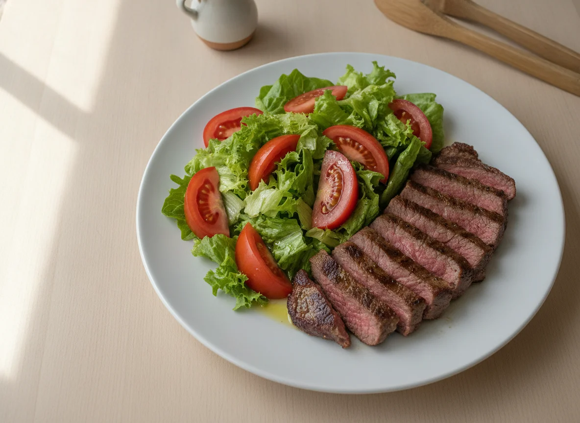 Carne grelhada com salada de alface e tomate photo