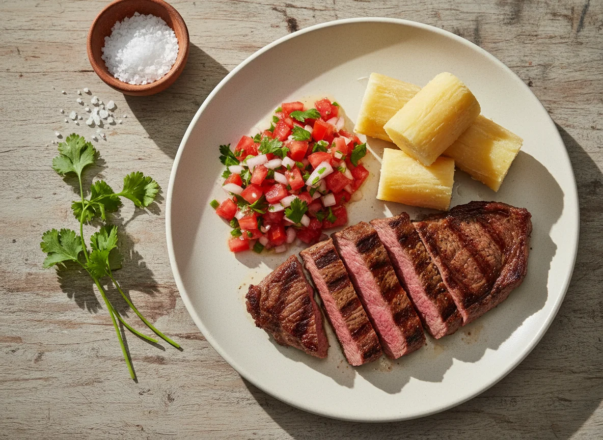 Carne grelhada com vinagrete e mandioca photo