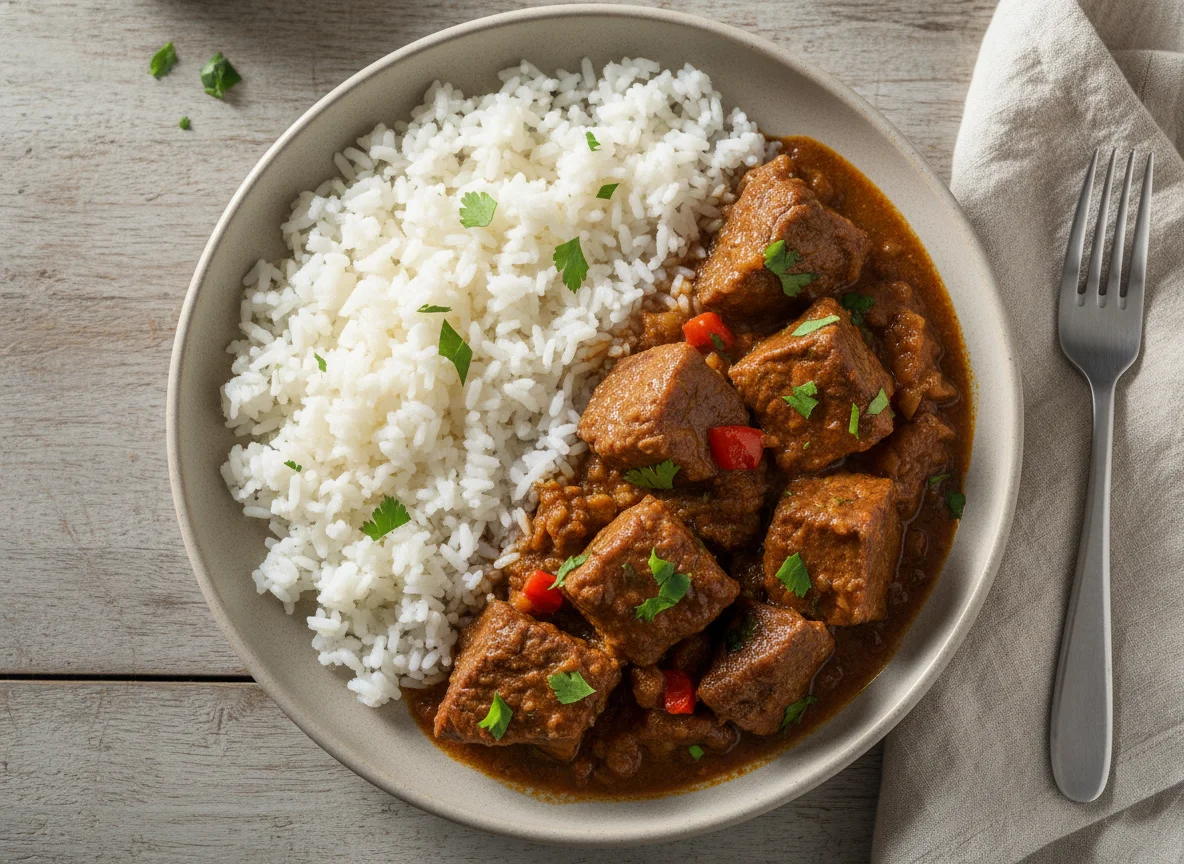 Carne guisada com arroz branco photo