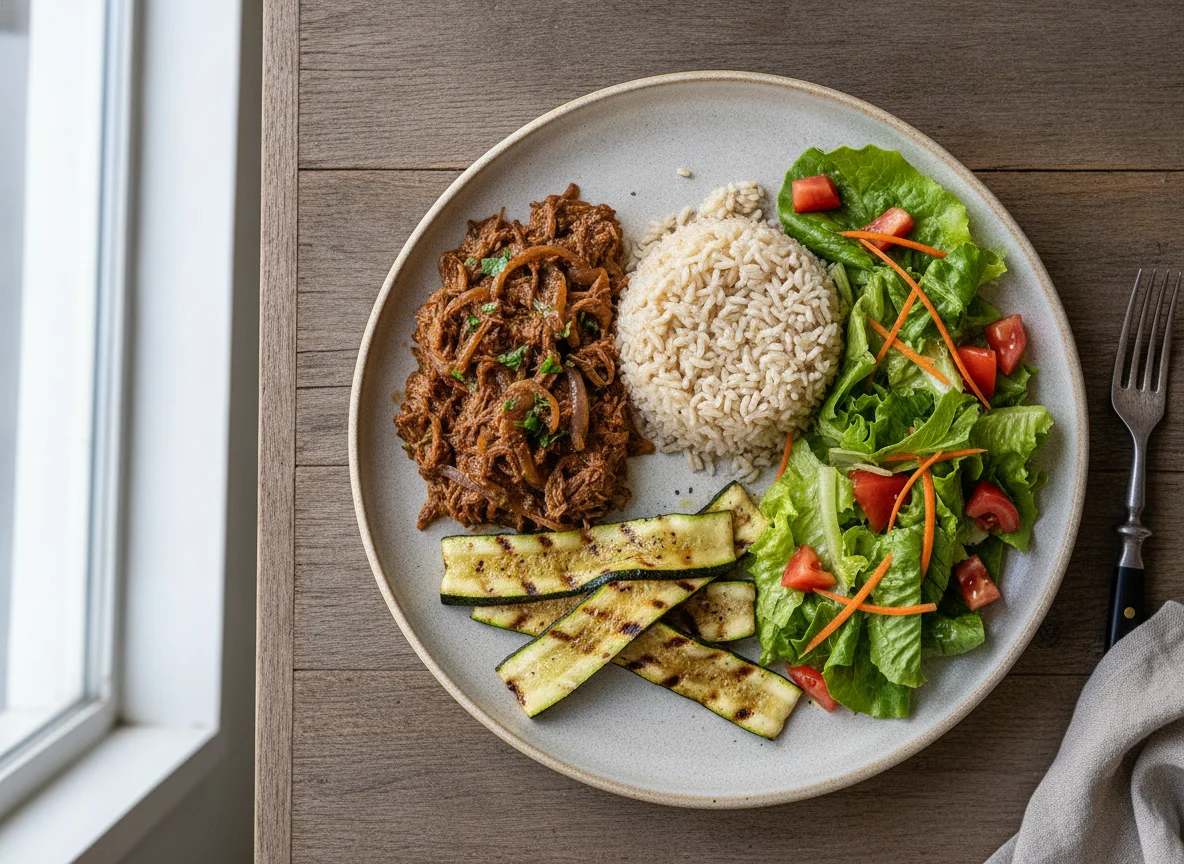 Carne Louca com Arroz, Abobrinha e Salada photo