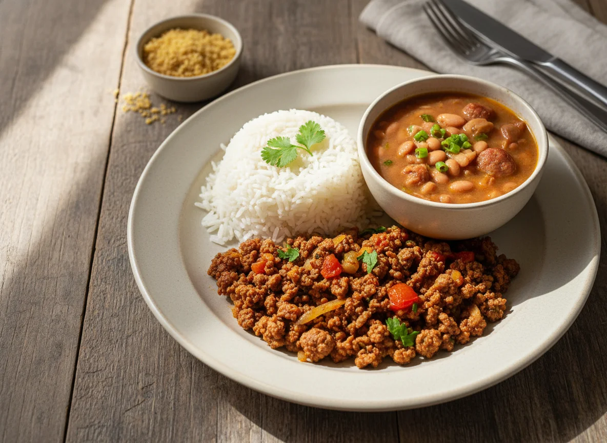 Carne Moída, Arroz e Feijão Carioca photo