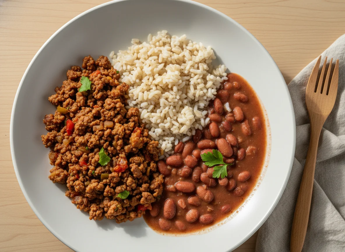 Carne Moída, Arroz Integral e Feijão Carioca photo