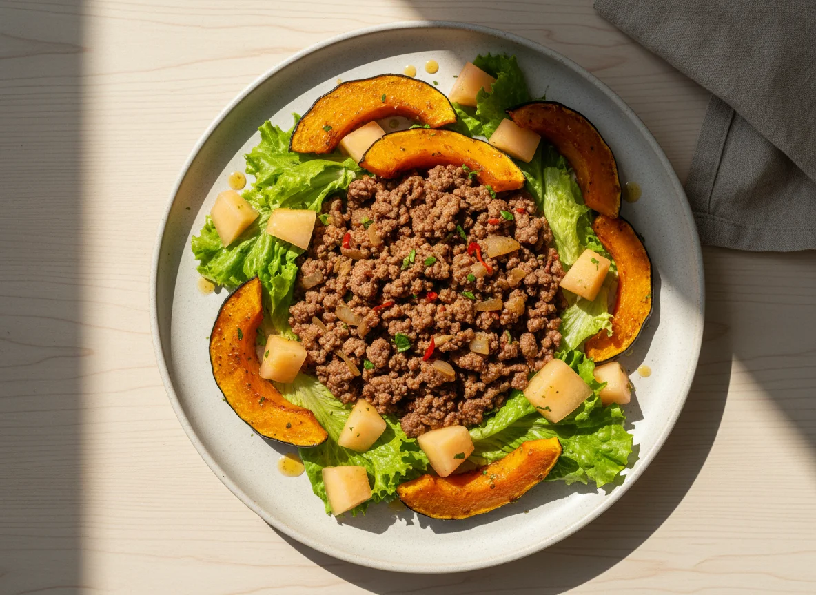 Carne moída com abóbora, alface e melão photo