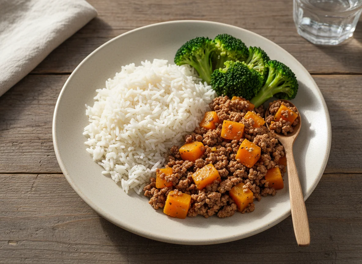 Carne moída com abóbora, arroz e brócolis photo