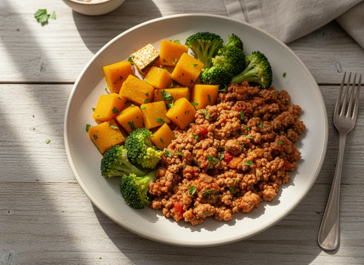 Carne moída com abóbora e brócolis photo