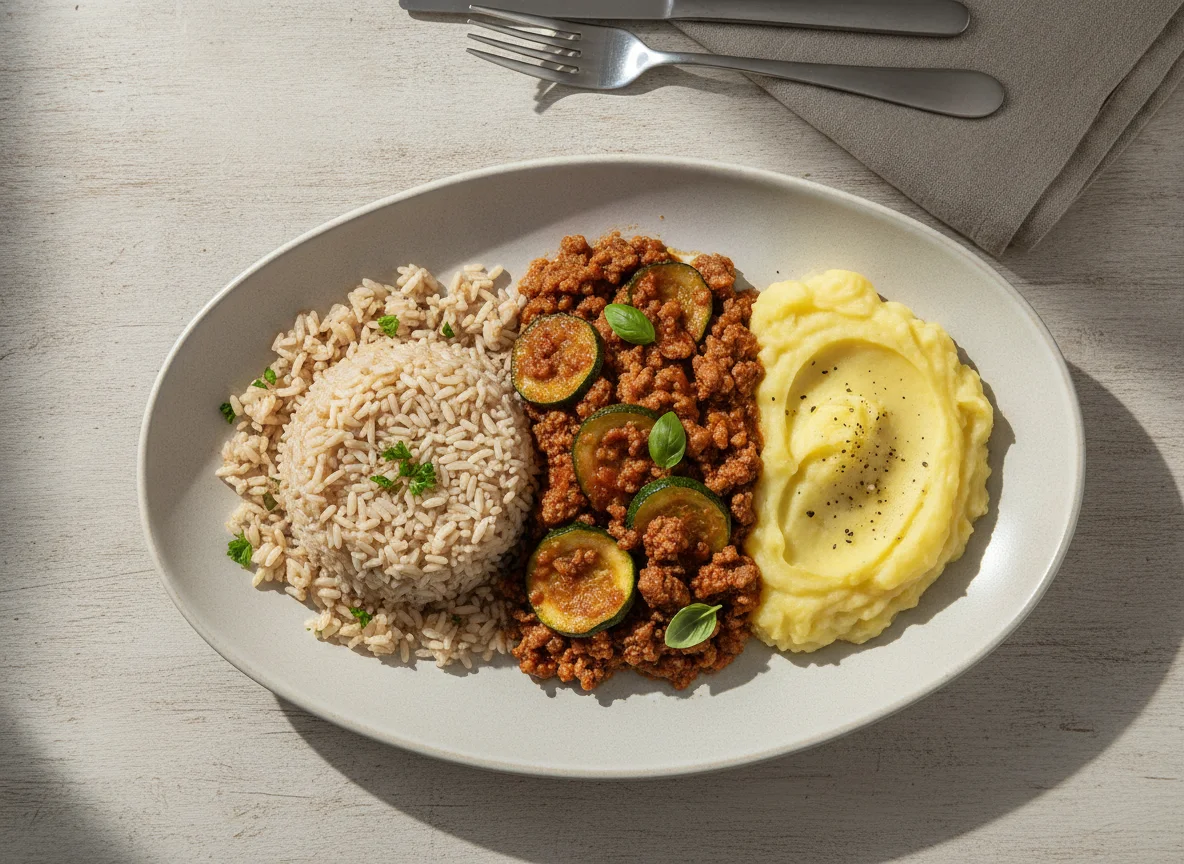 Carne moída com abobrinha, arroz integral e purê de batata inglesa photo