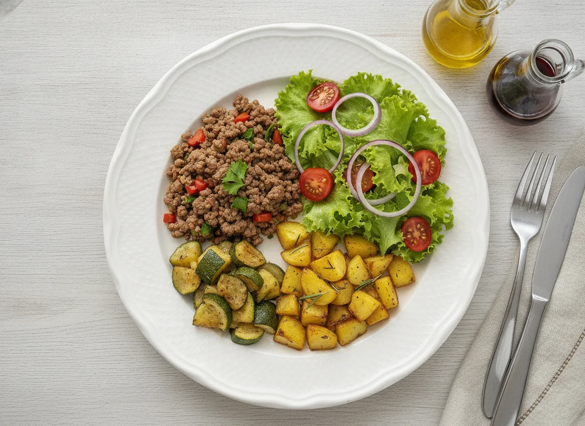 Carne moída com abobrinha, batata e salada photo