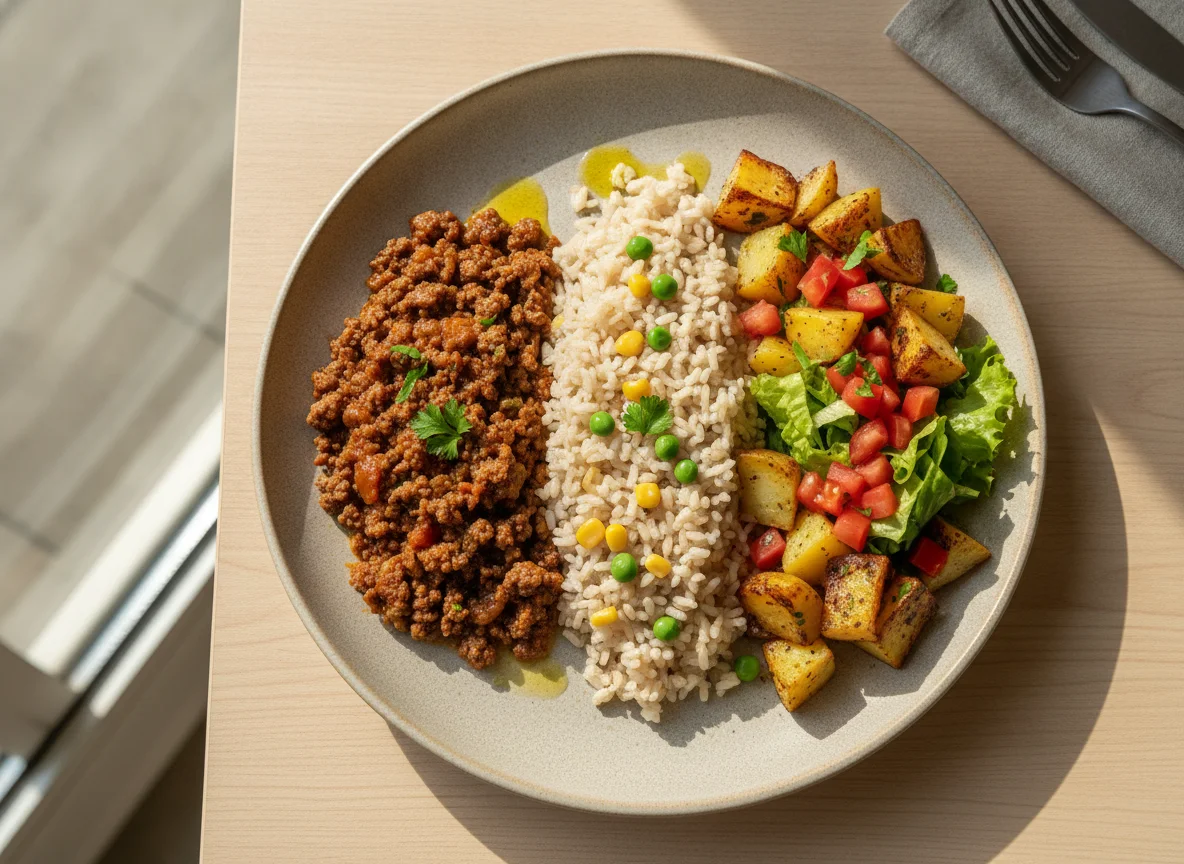 Carne moída com arroz, batata e salada photo