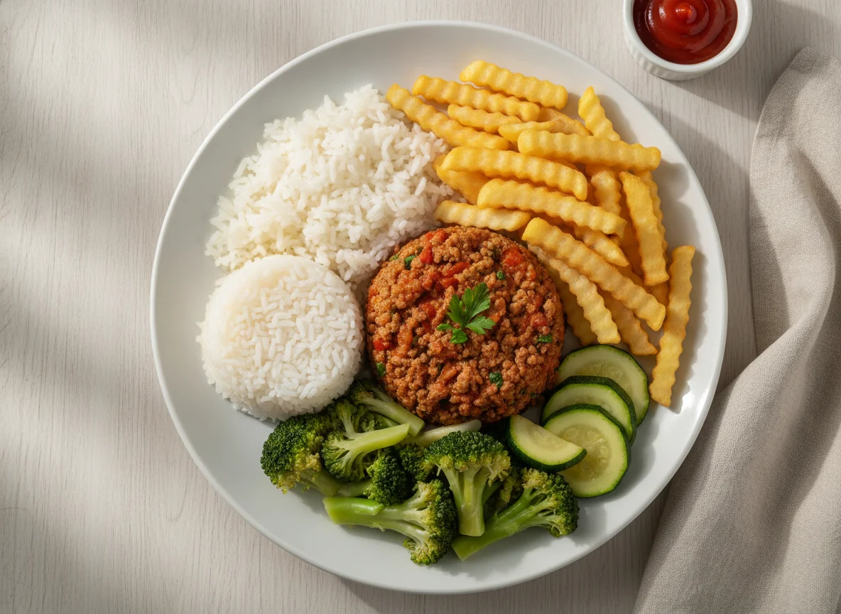 Carne moída com arroz, batata frita e legumes photo
