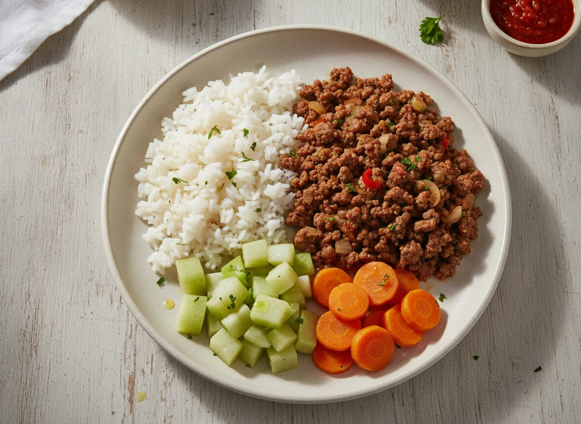 Carne moída com arroz, chuchu e cenoura photo