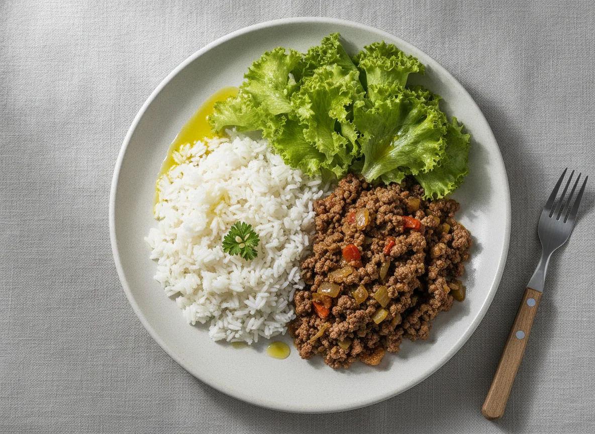 Carne moída com arroz e alface photo
