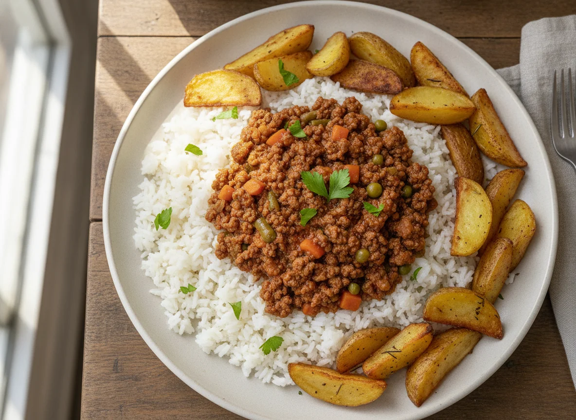 Carne moída com arroz e batatas assadas photo