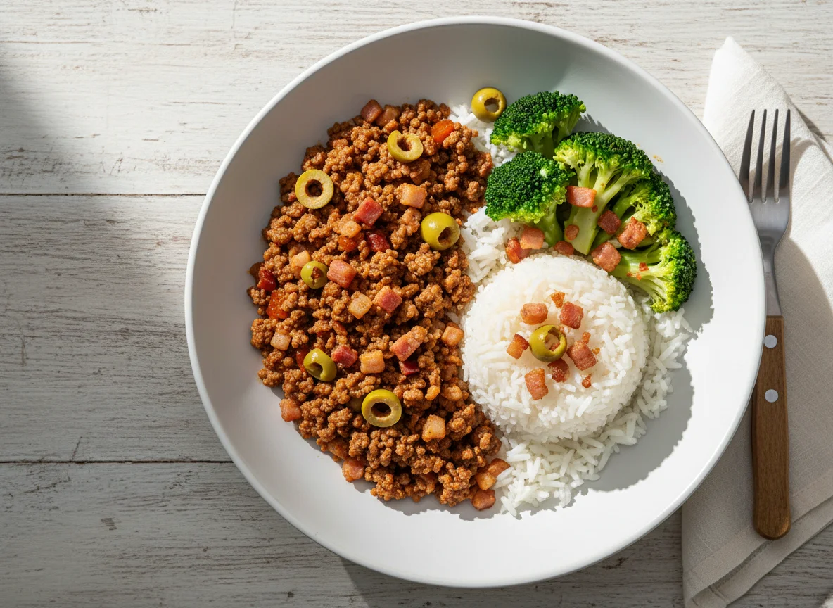 Carne moída com arroz e brócolis photo