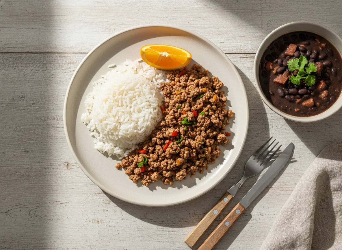 Carne moída com arroz e feijão preto photo